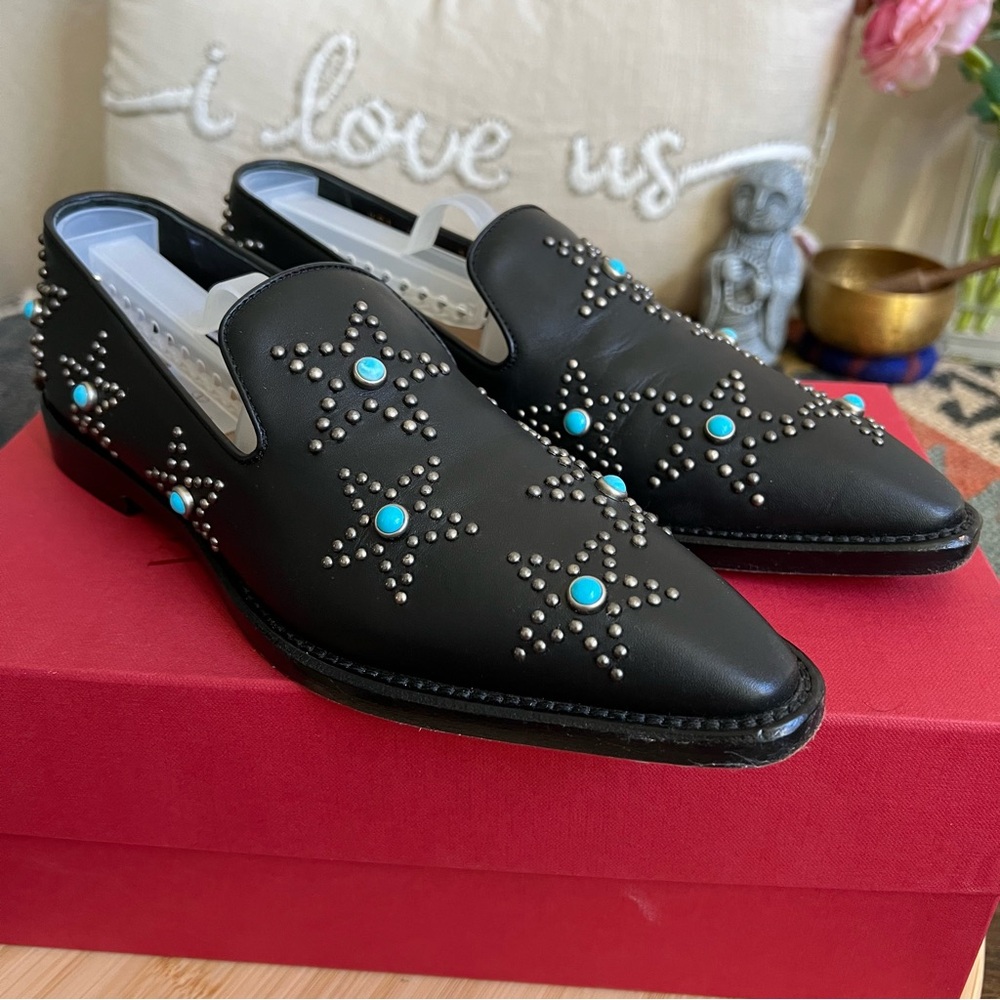 Valentino Beatle Star $1,295 Turquoise & Metal Studed Black Leather Loafers EU37